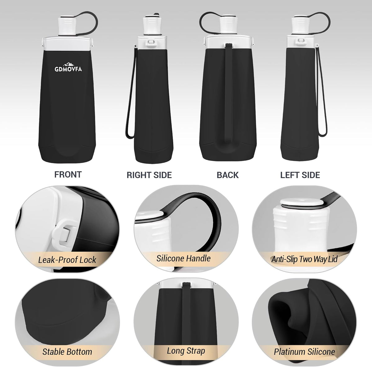 Collapsible Water Bottles,20oz Reusable Silicone Foldable Water Bottle,Portable Leak-proof Travel Water Bottle for Traveling Camping Hiking Cycling Yoga Sports Outdoor