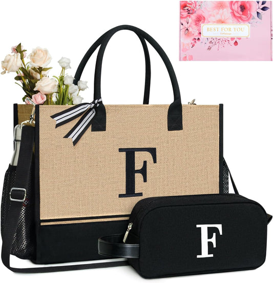 TOPDesign Personalized Initial Canvas Tote Bag, for Wedding, Birthday, Beach, Perfect Gifts for Women, Mom, Teachers, Friends