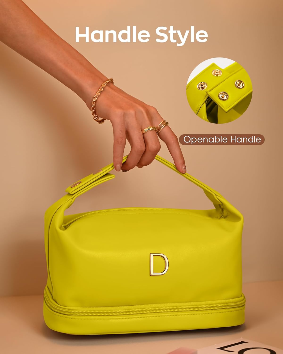 College Girl Gift Ideas, Personalized Makeup Bag with Handle, Initial Double Layer Cosmetic Bag with Makeup Brush Organizer, Cute Cosmetic Pouch for Women, Gift Ideas for Co Workers