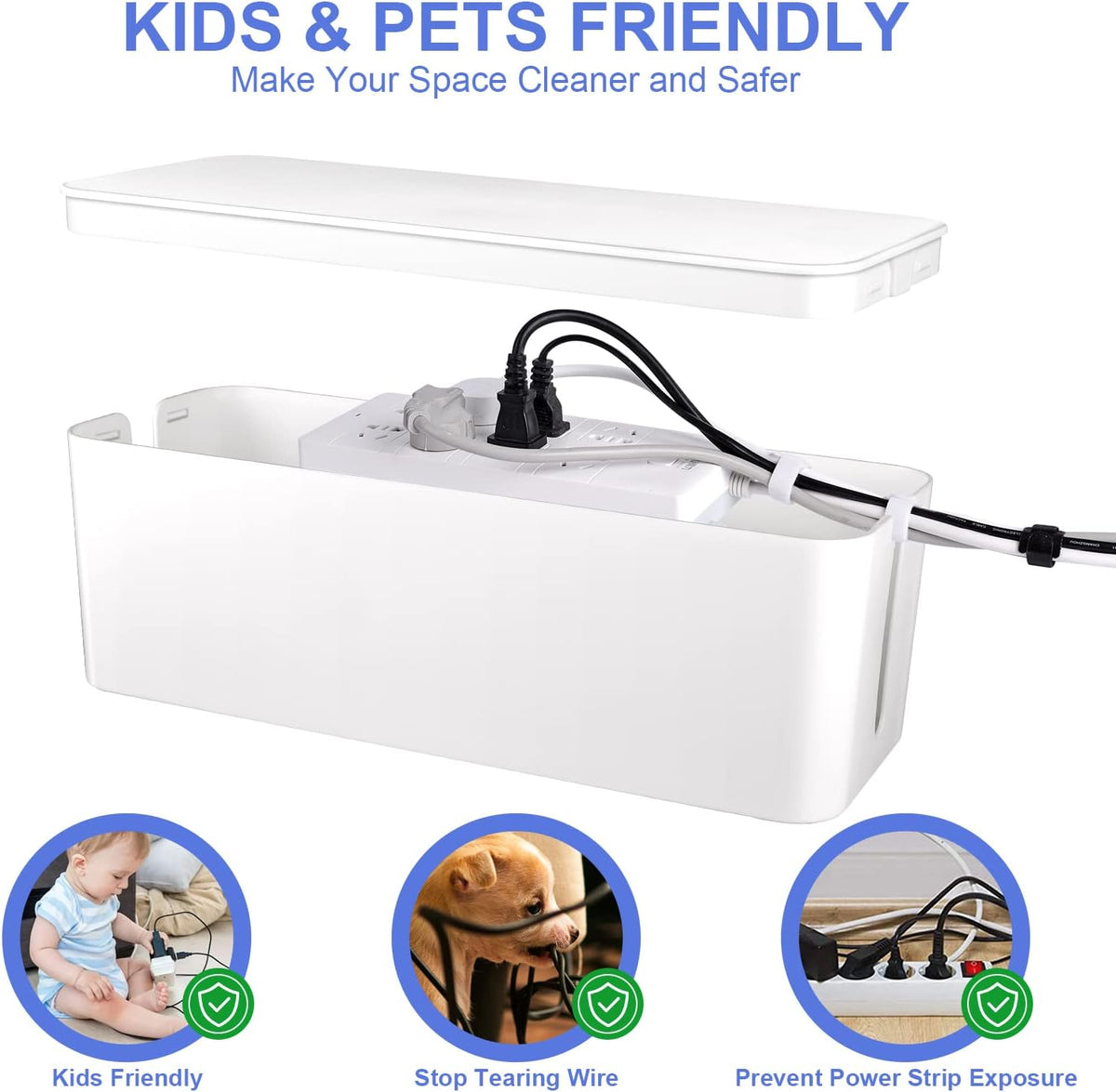 Chouky Cable Organizer Box Set of Three, Power Cover Cord Holder Surge Protector for Desk (White)