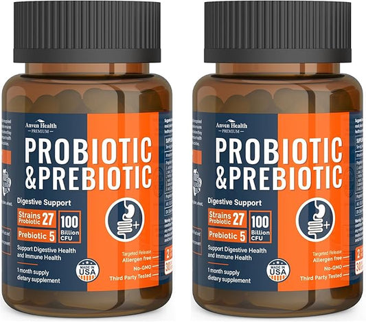 100 Billion Probiotics for Men and Women 27 Strains 5 Organic Prebiotics for Gut Digestive & Immune Health, Supports Diarrhea Gas Bloating, Non-GMO, Zero Fillers – Made in USA丨120 Caps