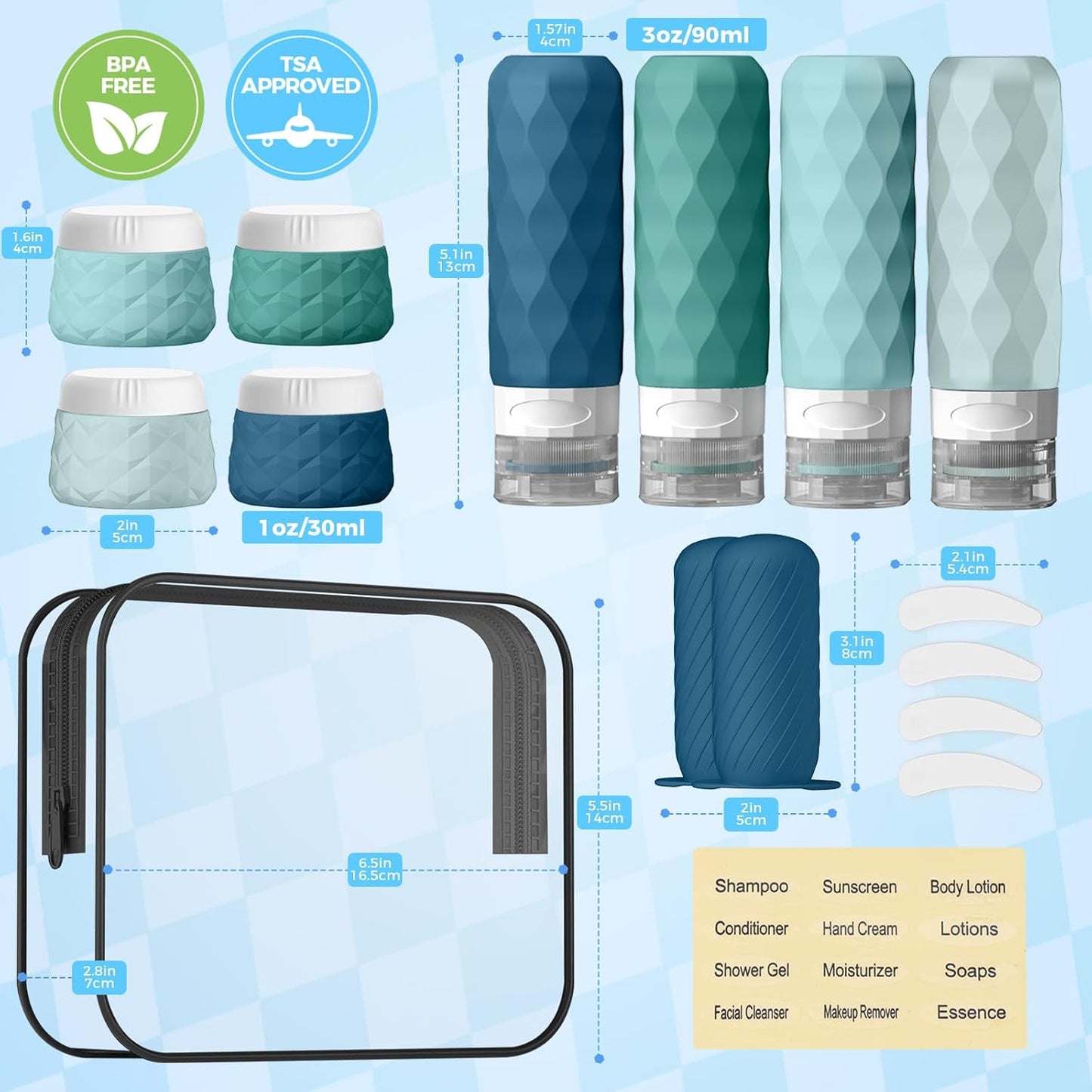 16Pack Travel Bottles for Toiletries, TSA Approved Travel Size Toiletries Containers Set, Silicone Leak Proof Refillable Bottles Elastic Sleeves Creams Jars Accessories Kit W/Clear Bag (Mint Green)