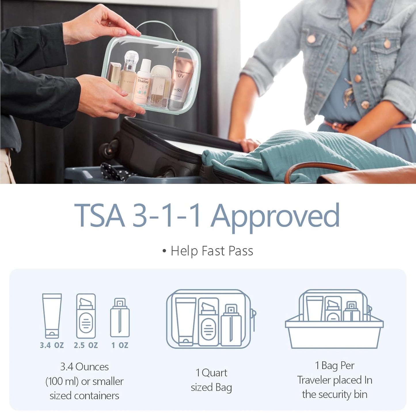 PACKISM TSA Approved Toiletry Bag - Clamshell Closing Clear Makeup Bags with Handle, Laurel Green, Quart-sized Clear Travel Bags for Toiletries, Carry-on Travel Essentials