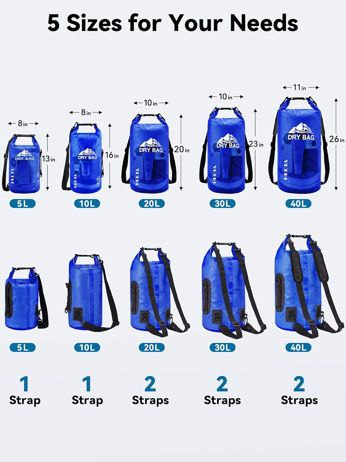 HEETA Dry Bag Waterproof for Women Men, 5L/10L/20L/30L/40L Roll Top Lightweight Dry Storage Bag Backpack with Phone Case for Travel Swimming Boating Kayaking Paddle Board Camping Beach Accessories