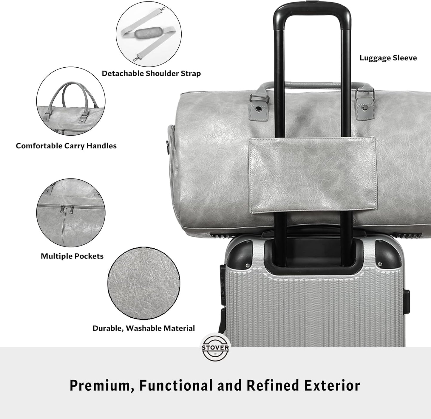STOVER Garment Travel Duffle Bag, Large 2-in-1 Convertible Carry-on Luggage for Men & Women- Hanging Suits, Dresses & Clothes + Shoe Compartment- Weekender Tote Combo Duffel (Grey Leatherette)