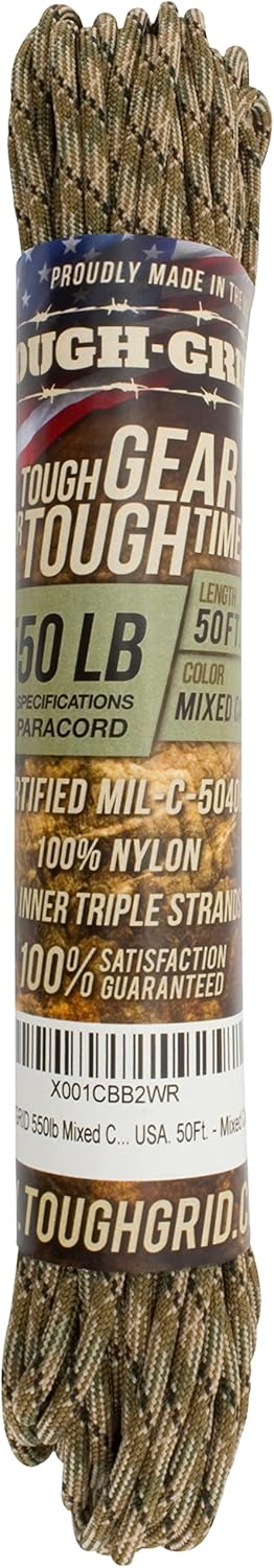 TOUGH-GRID 550 Paracord Rope Nylon Parachute Cord, Made in USA Survival Kit, Outdoor Adventures, Camping, Tactical Gear & Emergency Supplies, Military Type III Mil-Spec