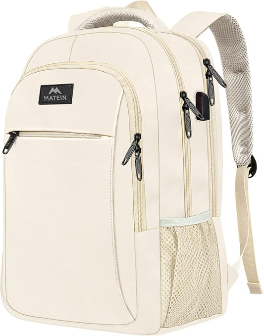 MATEIN Beige Laptop Backpack 15.6 Inch, Lightweight Sturdy Bag for College Supplies with USB Charging Port, Water Resistant Anti Theft Travel Computer Daypack Fashion Work Nurse Bag Gift for Women