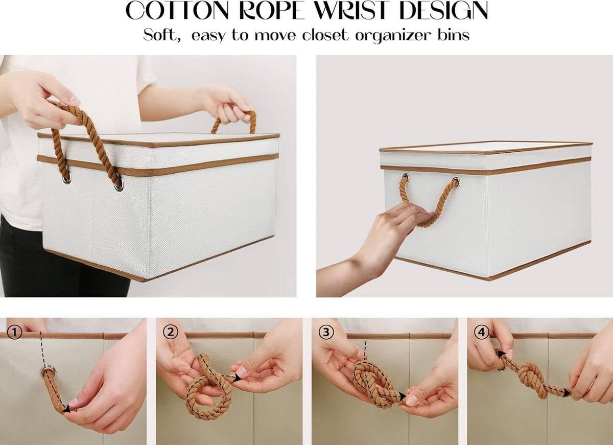 LoforHoney Home Fabric Storage Bins with Lids for Organizing, Foldable Closet Storage Boxes for Shelves, Clothes Baskets with Cotton Rope Handles, Large, Beige & Brown, 4-Pack