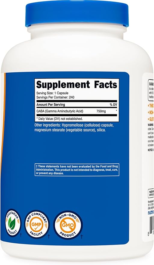 Nutricost GABA (Gamma Aminobutyric Acid) 750mg, 240 Capsules, 240 Servings - Non-GMO, Gluten Free