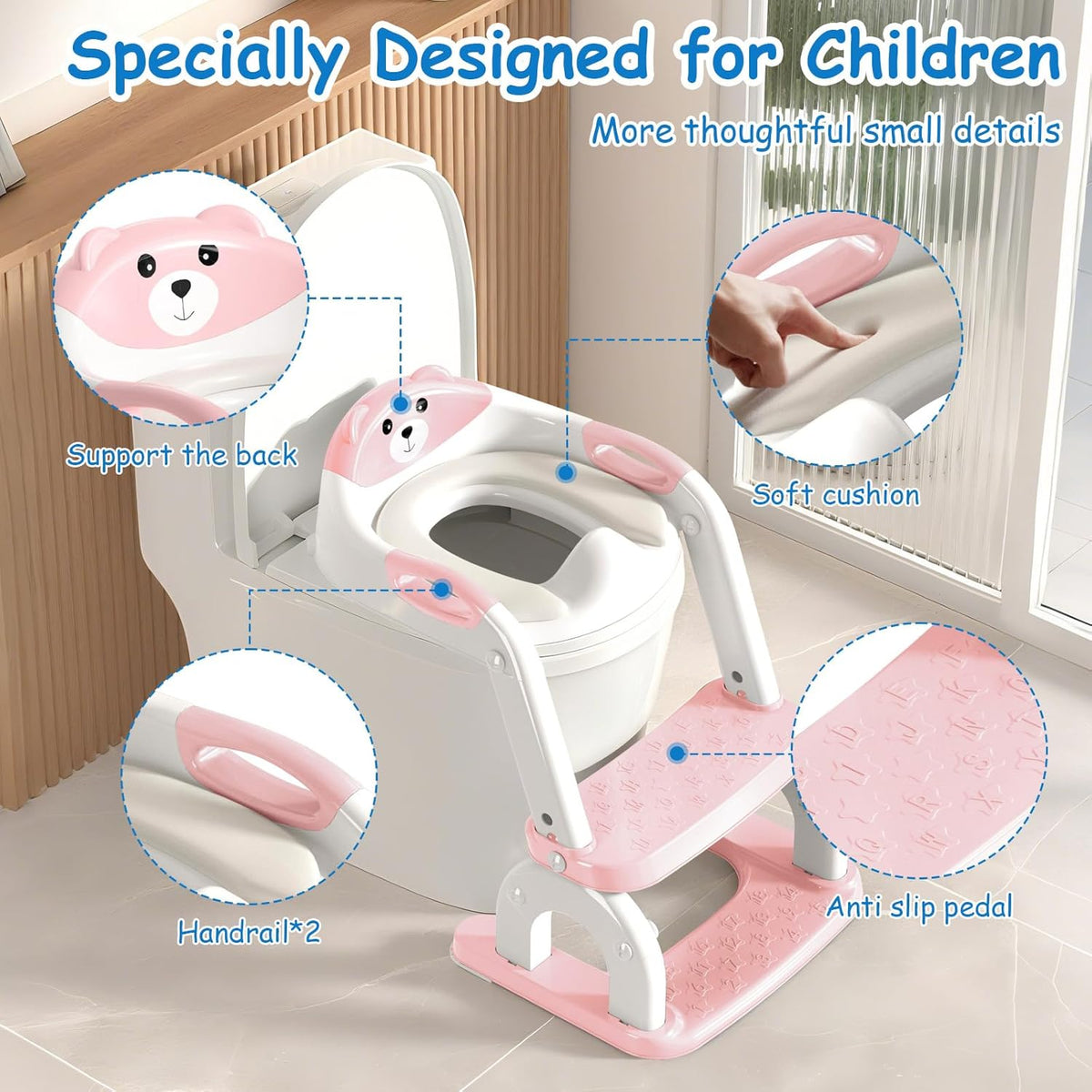 Potty Training Seat for Toddlers - Upgrade 2-in-1 Toilet Seat Toilet Ladder for Kids Children Boys Girls, Anti-Slip Pad & Adjustable Height with Waterproof PVC Cushion - Pink