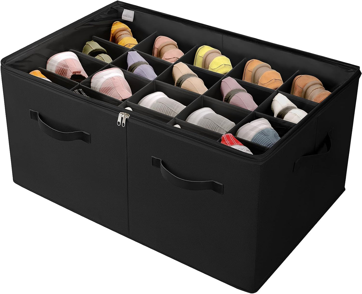 Shoe Organizer for Closet, Foldable Shoe Box with Adjustable Dividers and Clear Cover, Space Saving Shoe Storage Organizer Cabinet with Reinforced Handles, Fits 20 Pairs, Black, TP10B