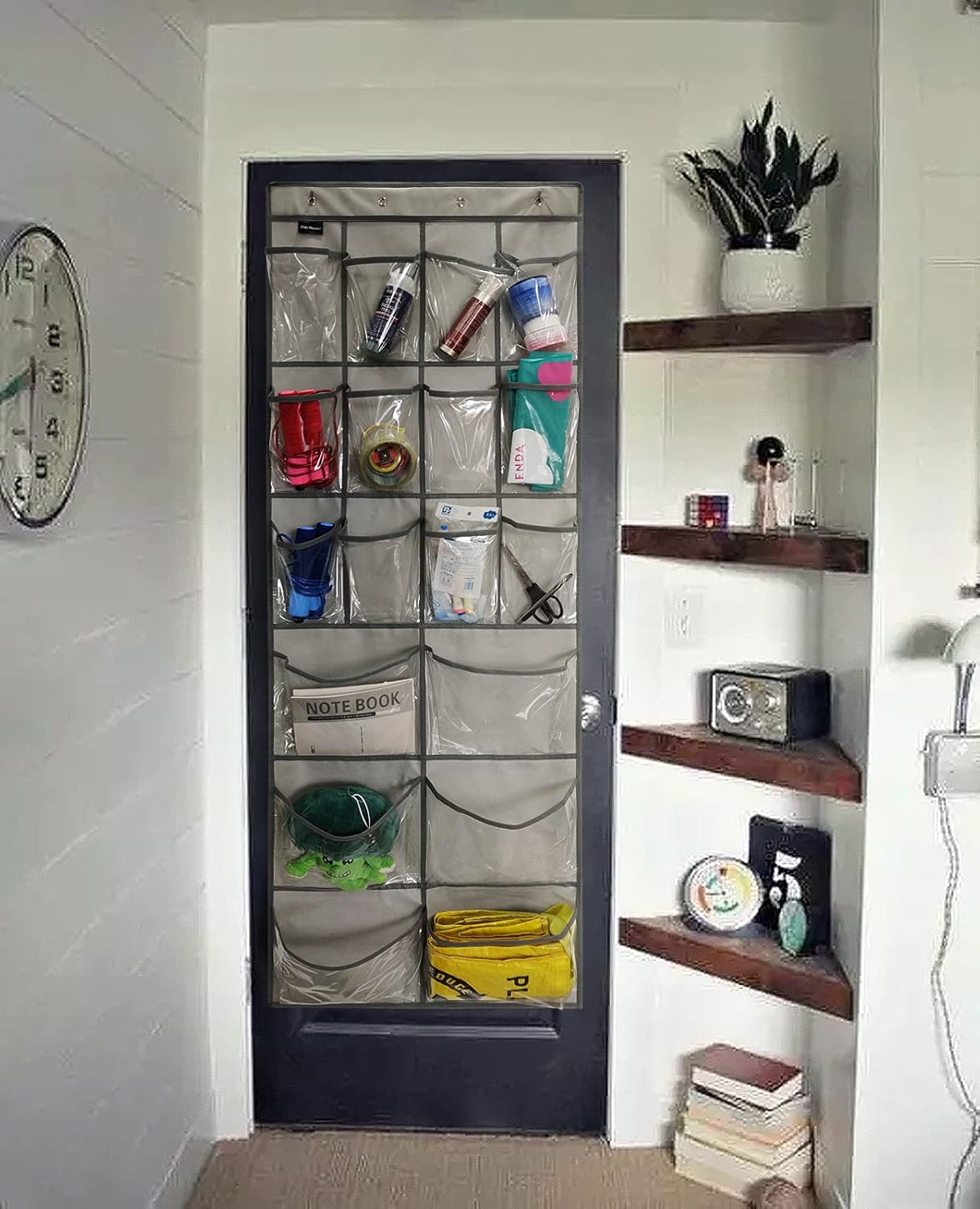 2 Pack Extra Large Hanging Crystal Clear Over Door Shoe Organizers, Closet Shoe Rack Organizer, 12+6 Pockets, 8 Hooks, Grey (59" x 21.6")