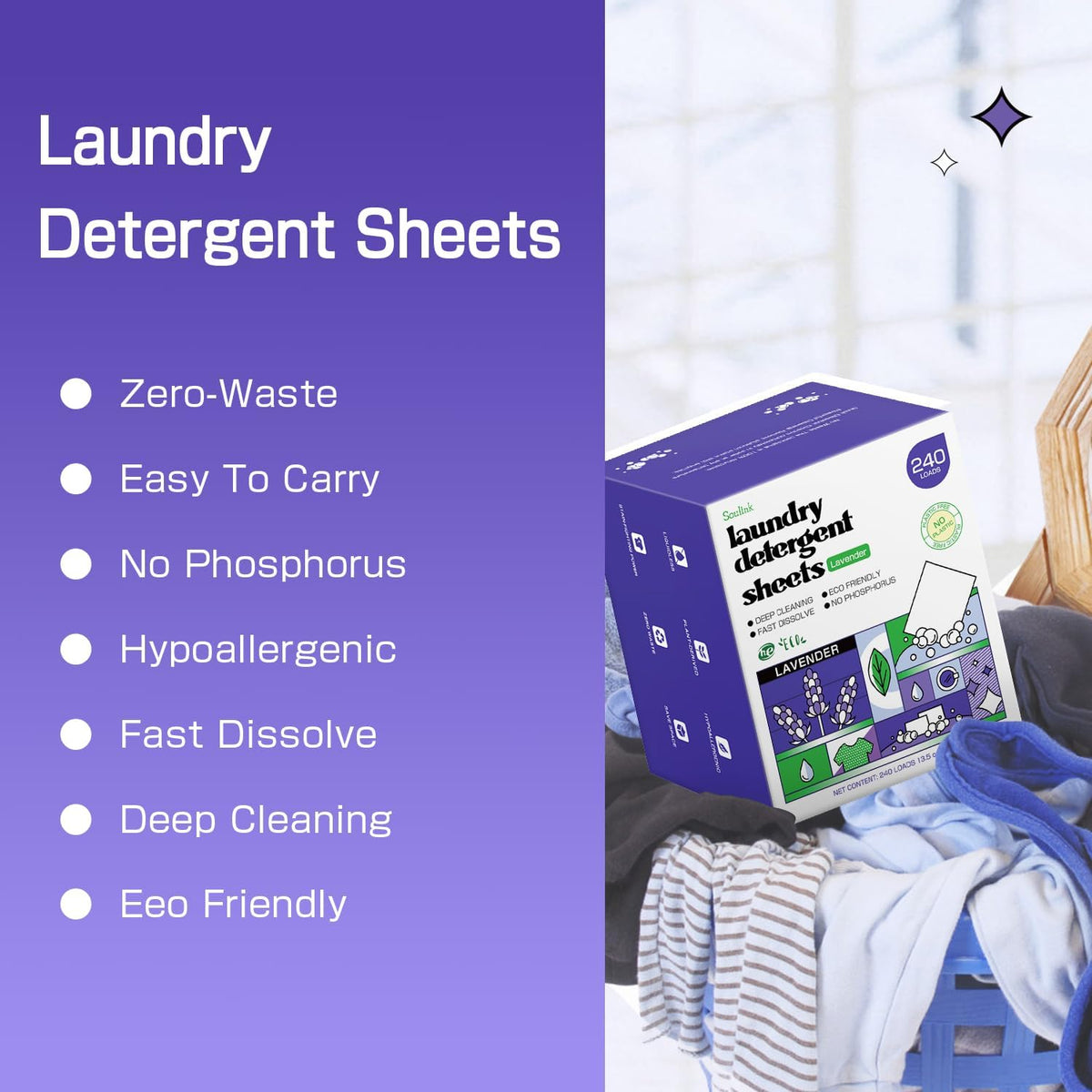 Soulink Lavender Laundry Detergent Sheets, 240 Loads - Eco-Friendly, Plant-Based, Hypoallergenic, No Plastic Jug