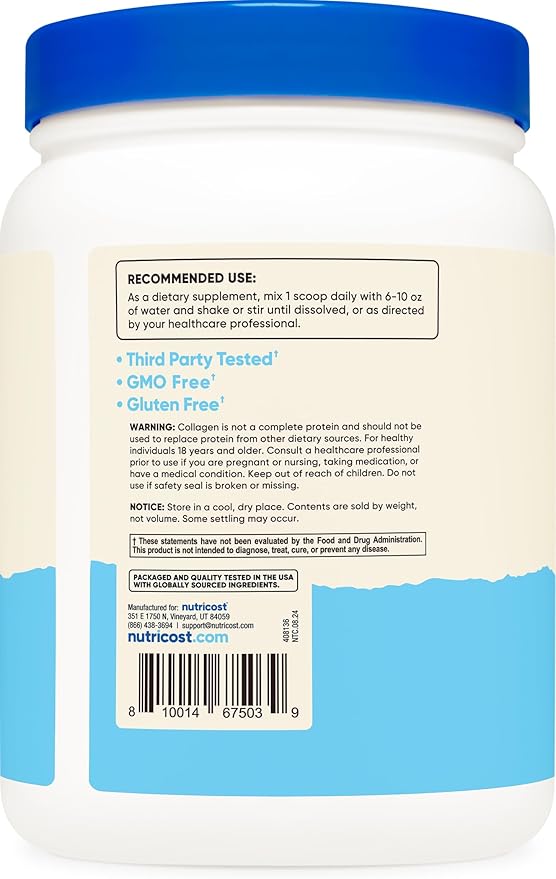 Nutricost Collagen Peptides Powder 1LB (454 G) - Grass Fed Bovine Collagen Hydrolysate (Unflavored)