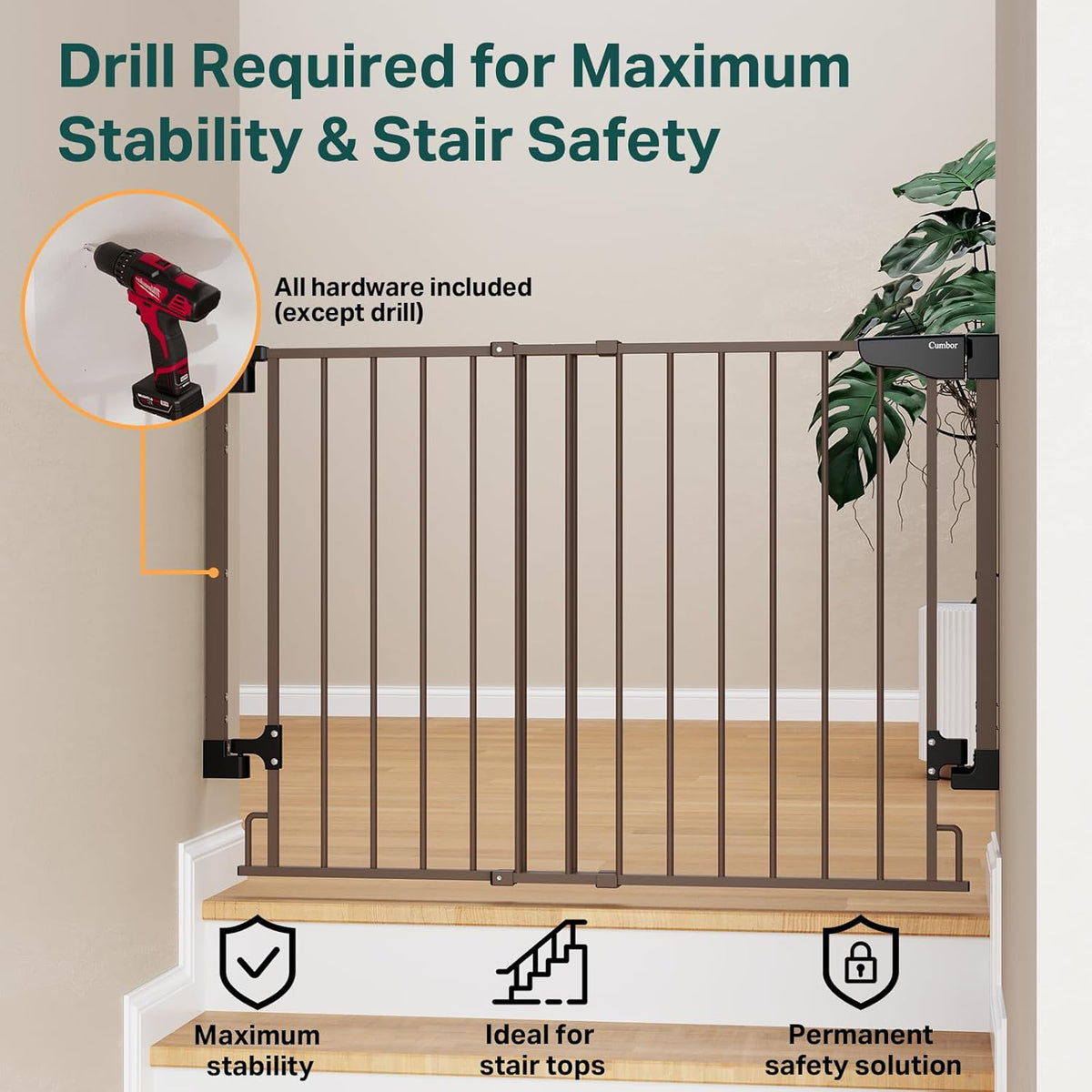 Cumbor 29.2–43" Baby Gate for Stairs, Wall-Mounted (Drill Required), Expandable No Bottom Bar Dog Gate, Auto Close Extra Wide Walk Thru, Pet & Toddler Proof Gate, Top & Bottom of Stairways (Brown)