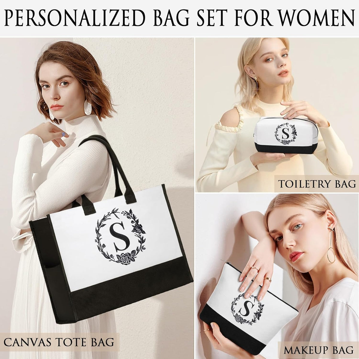 Personalized Mothers Day Gifts for Women, Initial Canvas Tote Bag & Makeup Bag Monogrammed Beach Tote Bag for Women w/Zipper, Birthday Gifts for Women Mom Her Girlfriend Wife Sister Friend Daughter