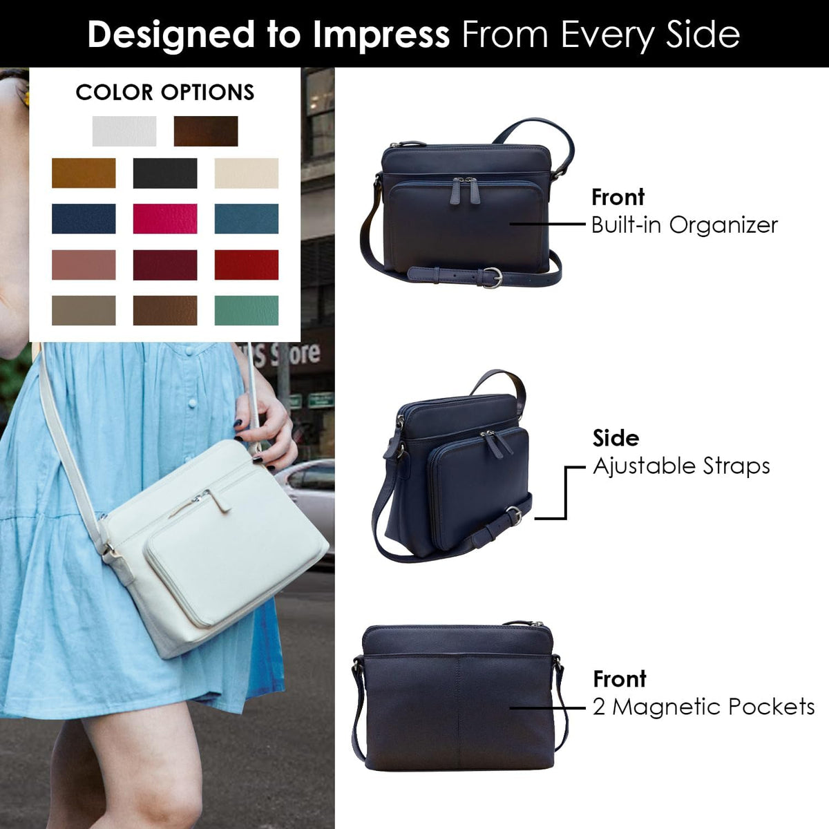ili New York Genuine Leather Crossbody Bags for Women - Premium RFID Blocking Shoulder Bag Organizer with Adjustable Strap