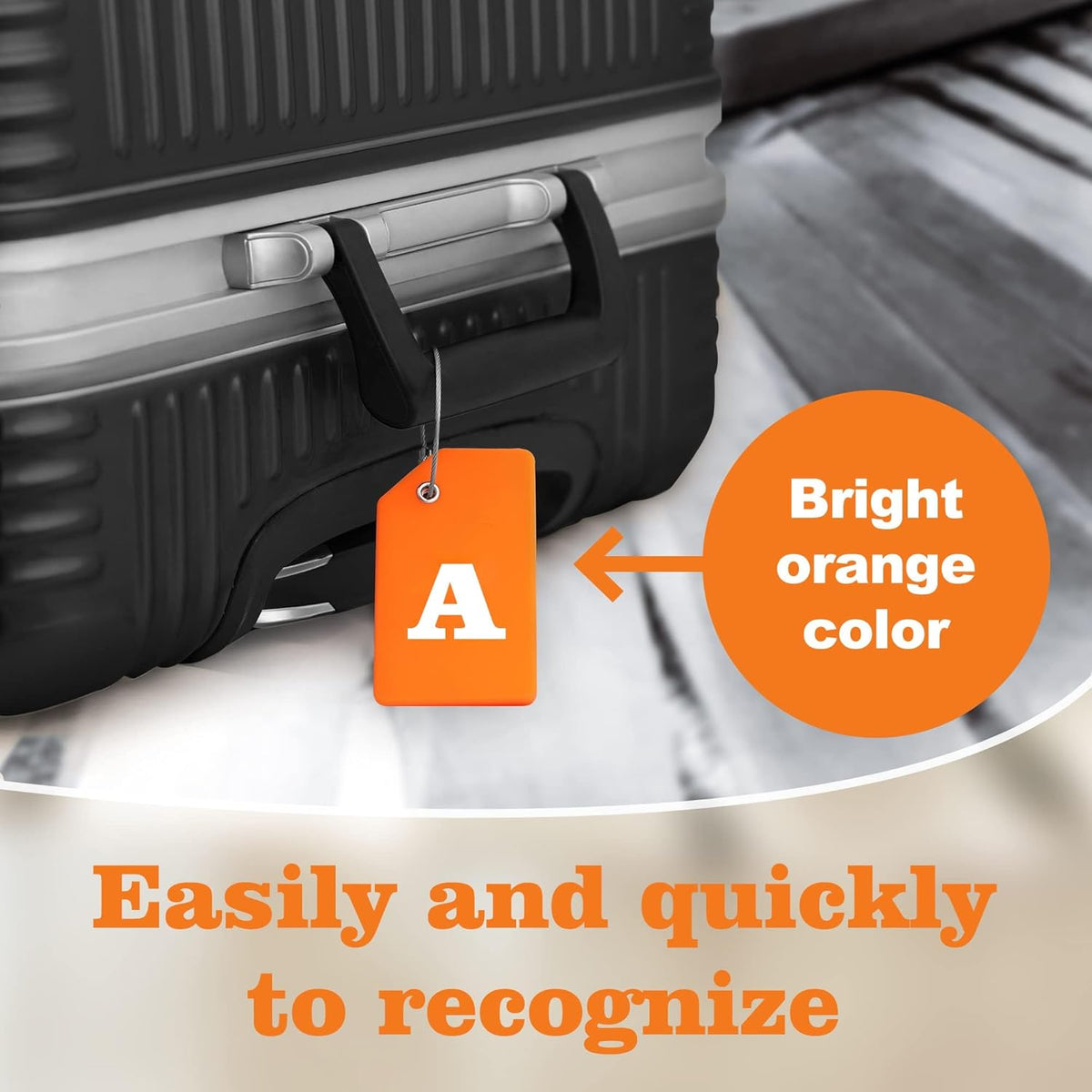 8 Pcs Luggage Tags for Suitcases, 26 Initial Letter Travel Luggage Baggage Identification Labels ID Tags Fully Bendable Tags with Stainless Steel Loop (Letter A, Orange)