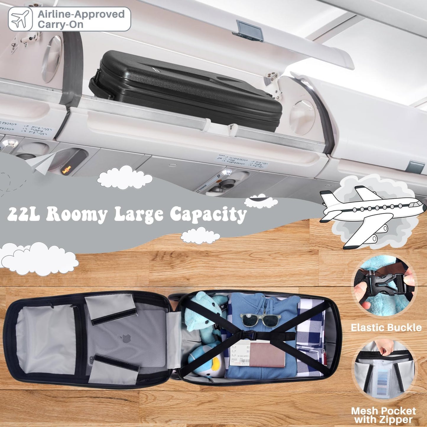 MRPLUM 20" Ride-On Suitcase with Detachable Scooter for Kids,Foldable Hardshell Carry-On Luggage for Toddlers Ages 4-15 with Adjustable Handle,Easy Steering&Brake(Airplane Approved)