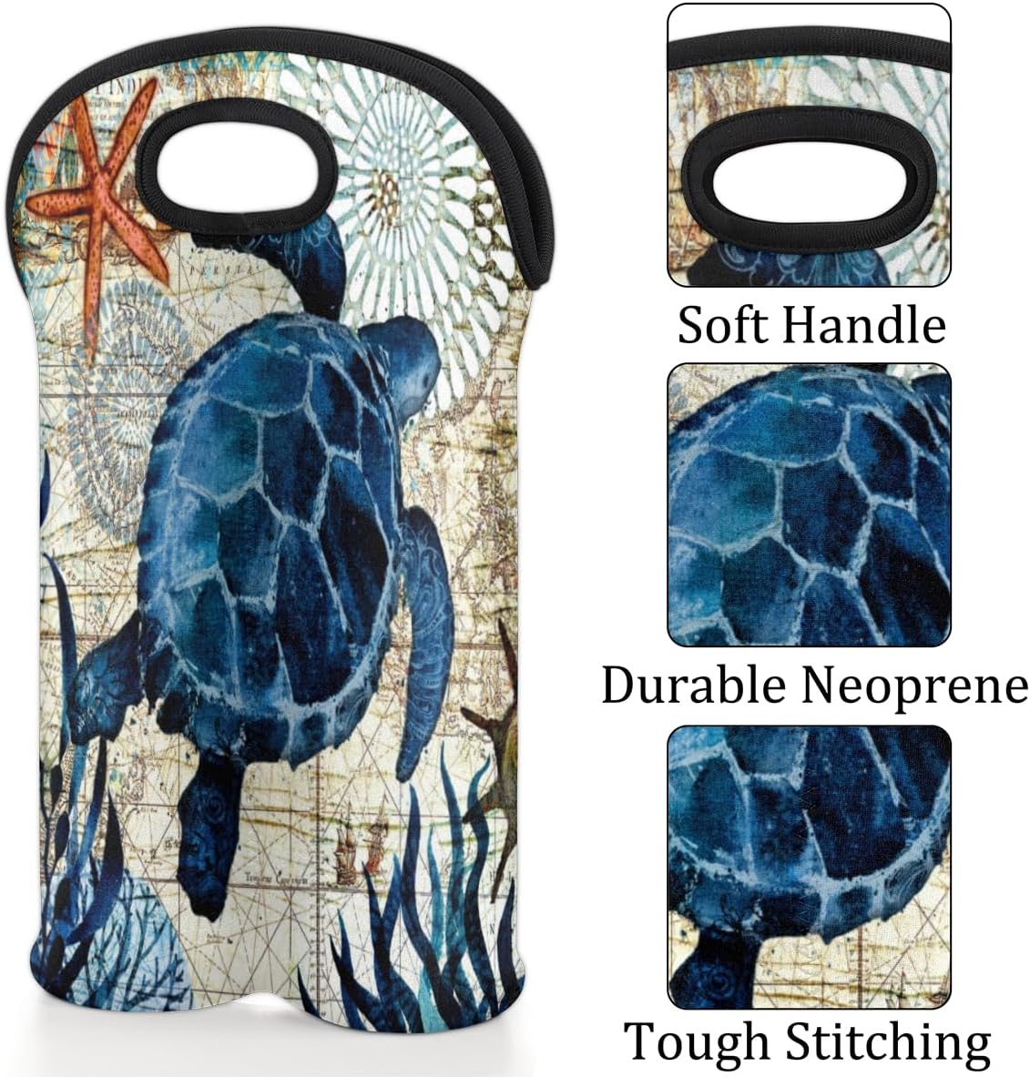 Vintage Sea Turtle 2 Bottle Wine Carrier Tote Bag Insulated Neoprene Portable Wine Cooler for Travel Picnic Beach