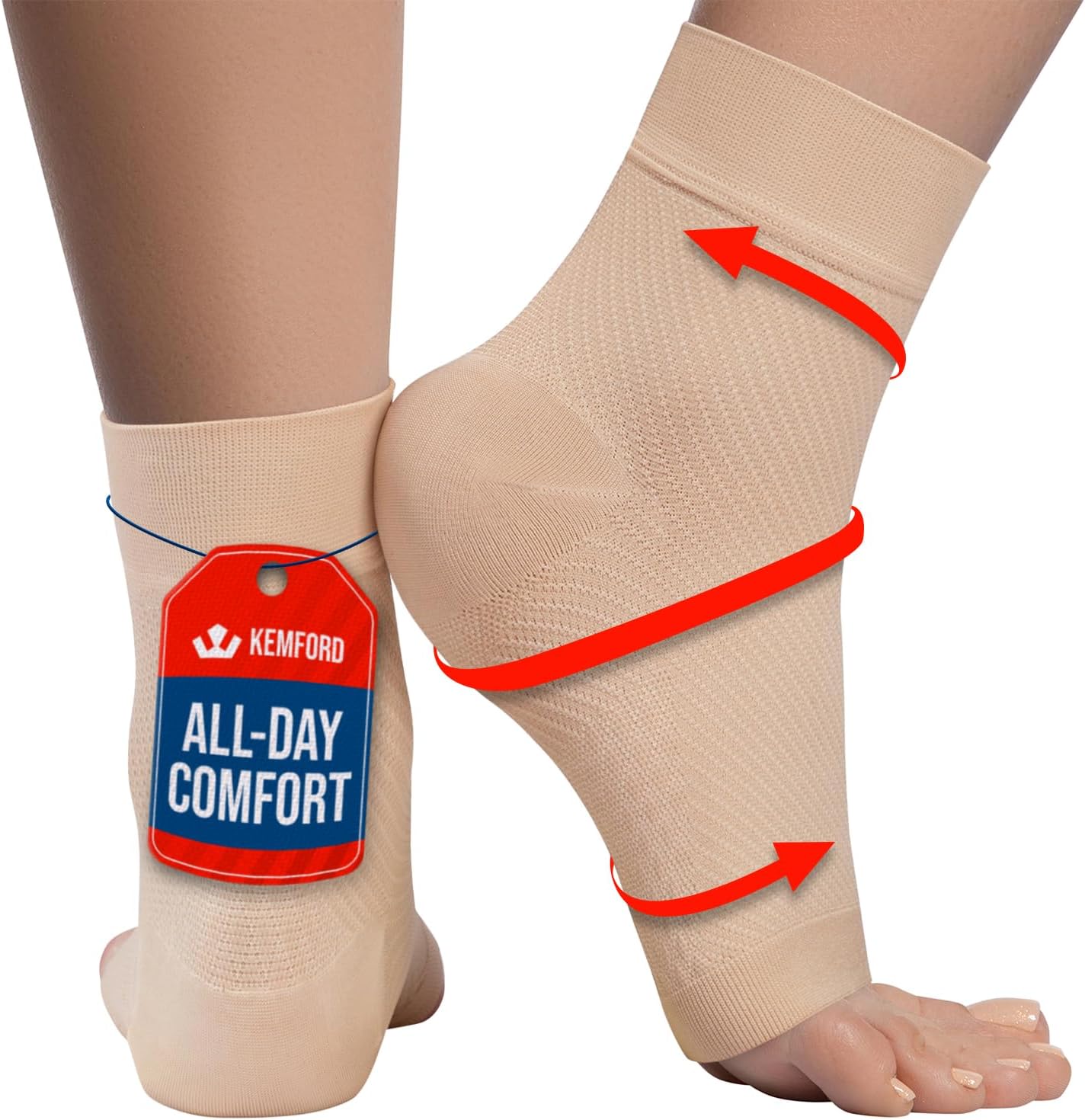 KEMFORD Ankle Compression Sleeve - 2-Pack, Plantar Fasciitis Braces - Open Toe Compression Socks for Swelling, Sprain, Neuropathy, Foot Arch Support for Men and Women - 20-30mmhg, M, Beige