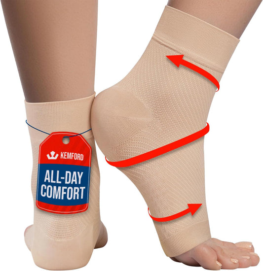 KEMFORD Ankle Compression Sleeve - 2-Pack, Plantar Fasciitis Braces - Open Toe Compression Socks for Swelling, Sprain, Neuropathy, Foot Arch Support for Men and Women - 20-30mmhg, M, Beige