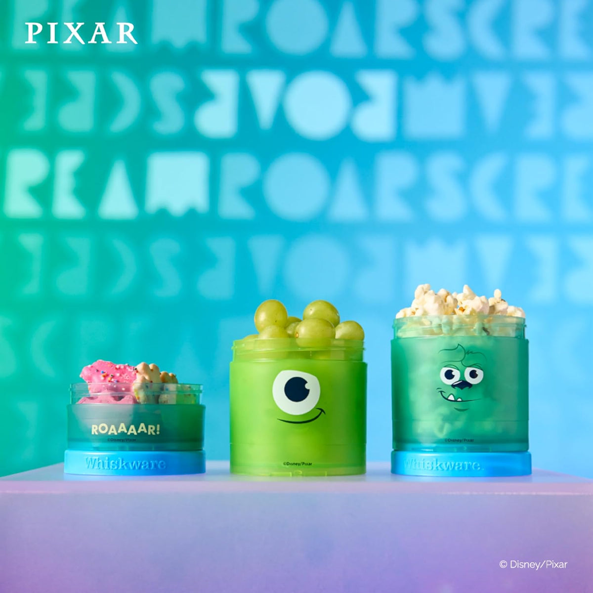 Whiskware Disney Pixar Stackable Snack Containers for Kids and Toddlers, 3 Stackable Snack Cups for School and Travel, Monsters Inc Mike Wazowski and Sulley