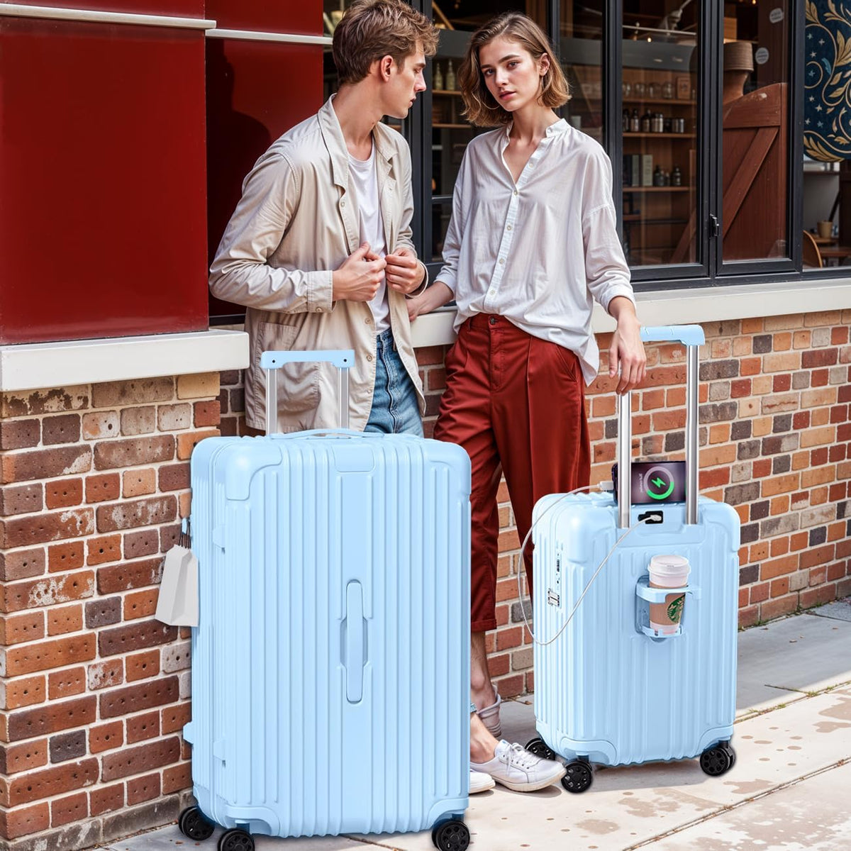 Krute Luggage Sets 2 Piece Suitcase with Spinner Wheels PC+ABS Hardside Suitcases Charging Port TSA Lock Carry On Luggage with Cup Holder 20+28 Inch