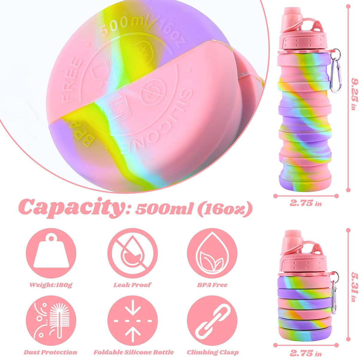 Collapsible Water Bottle for Adults, Boys, Students, Kids, Reusable Silicone Foldable Water Bottles for Travel Camping Hiking Sports,Leak-Proof Portable Sports Water Bottle (Pink & Blue)