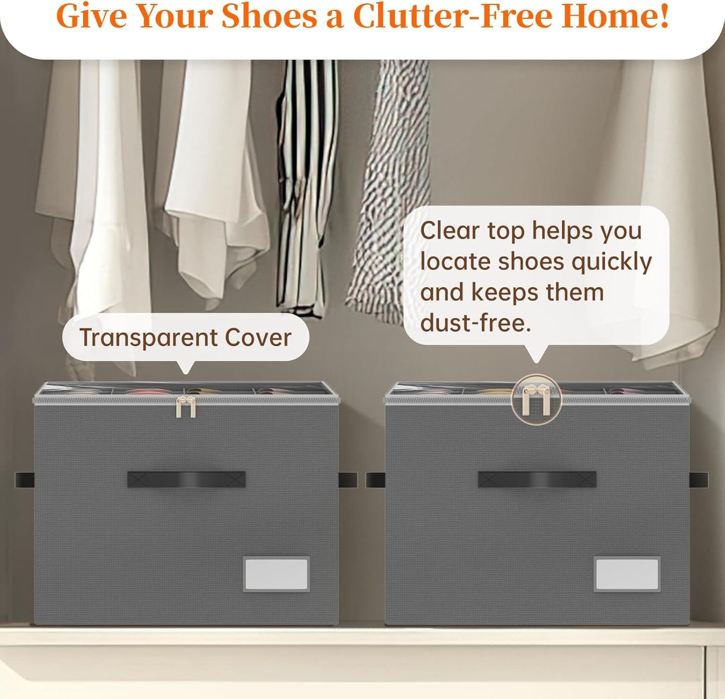 3 Pack Shoe Organizer for Closet, Foldable Shoe Storage Containers, Fits up to 24-48 Pairs, Shoe Storage Organizer Box Cubby Baskets Bins with Clear Cover and Reinforced Handles, Gray