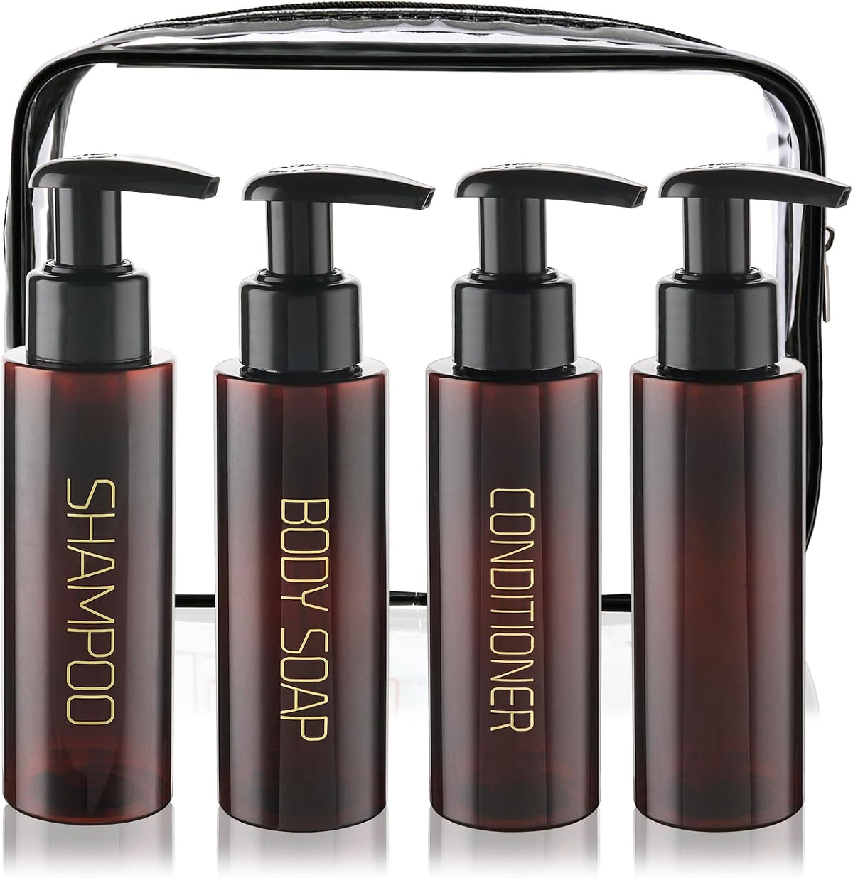 Travel Bottles Plastic Pump Bottle Dispenser TSA Approved 3.4oz/100ml 4 Pack Travel Refillable Shampoo and Conditioner Bottles Empty Travel Size Bottles for Cosmetic, Lotion, Liquid Soap (Brown)