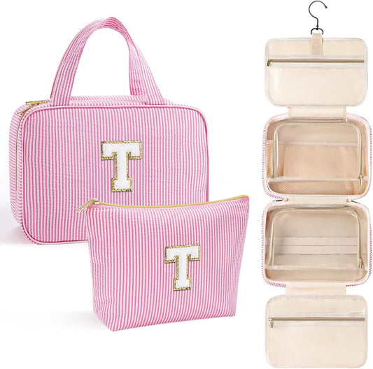 YOOLIFE Hanging Toiletry Bag for Women - Travel Toiletry Bag Makeup Bag, Portable Toiletries Cosmetic Bag, Airplane Travel Essentials - Letter T, Pink
