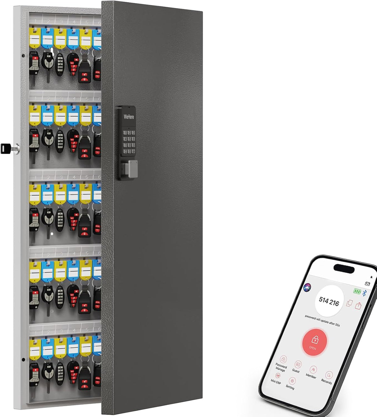 WeHere 120 Key Lock Box Wall Mount, APP Bluetooth/OTP/Wi-Fi/Fixed Code/Key Unlock, Smart Key Cabinet with Key Tag, Key Organizer Holder Box, Key Management Directory for Office, Valet, Realtor, Hotel