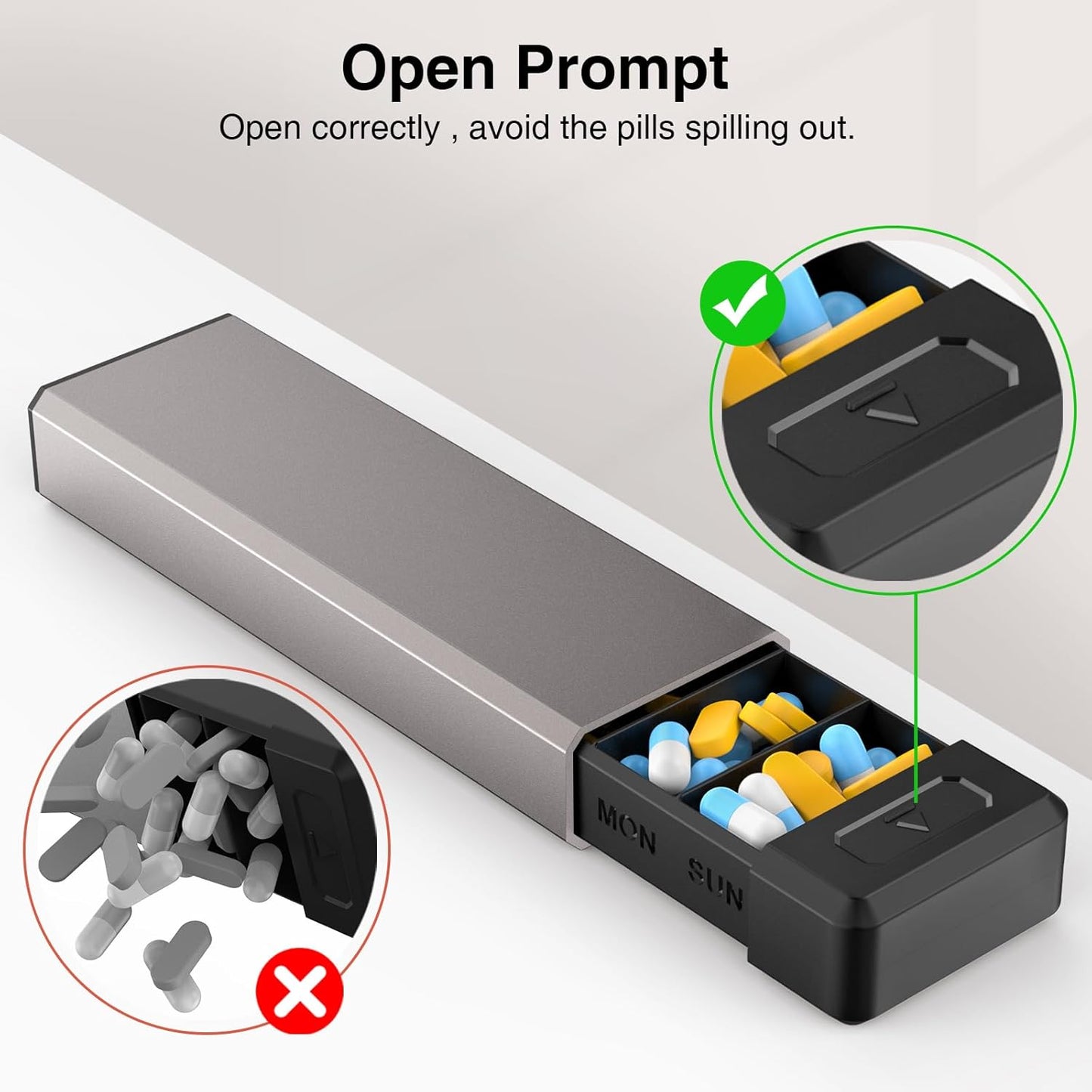 HEIYING Pill Organizer with Aluminum Shell for One Week Capacity, Portable 7 Compartments Pill Box Container to Hold Vitamin, Medicine, Supplements