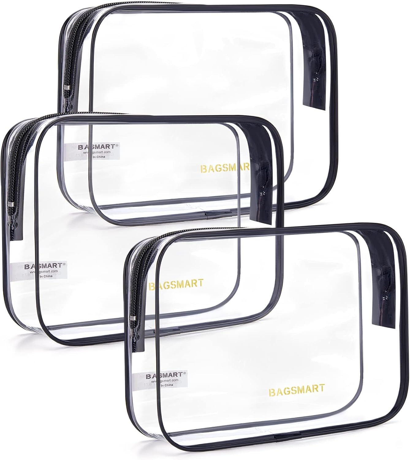 BAGSMART Clear Toiletry Bag, 3 Packs TSA Approved Water resistant Quart Size Travel Organizer, Airport Airline Travel Essential Carry On Makeup Cosmetic Bags for Women, Black