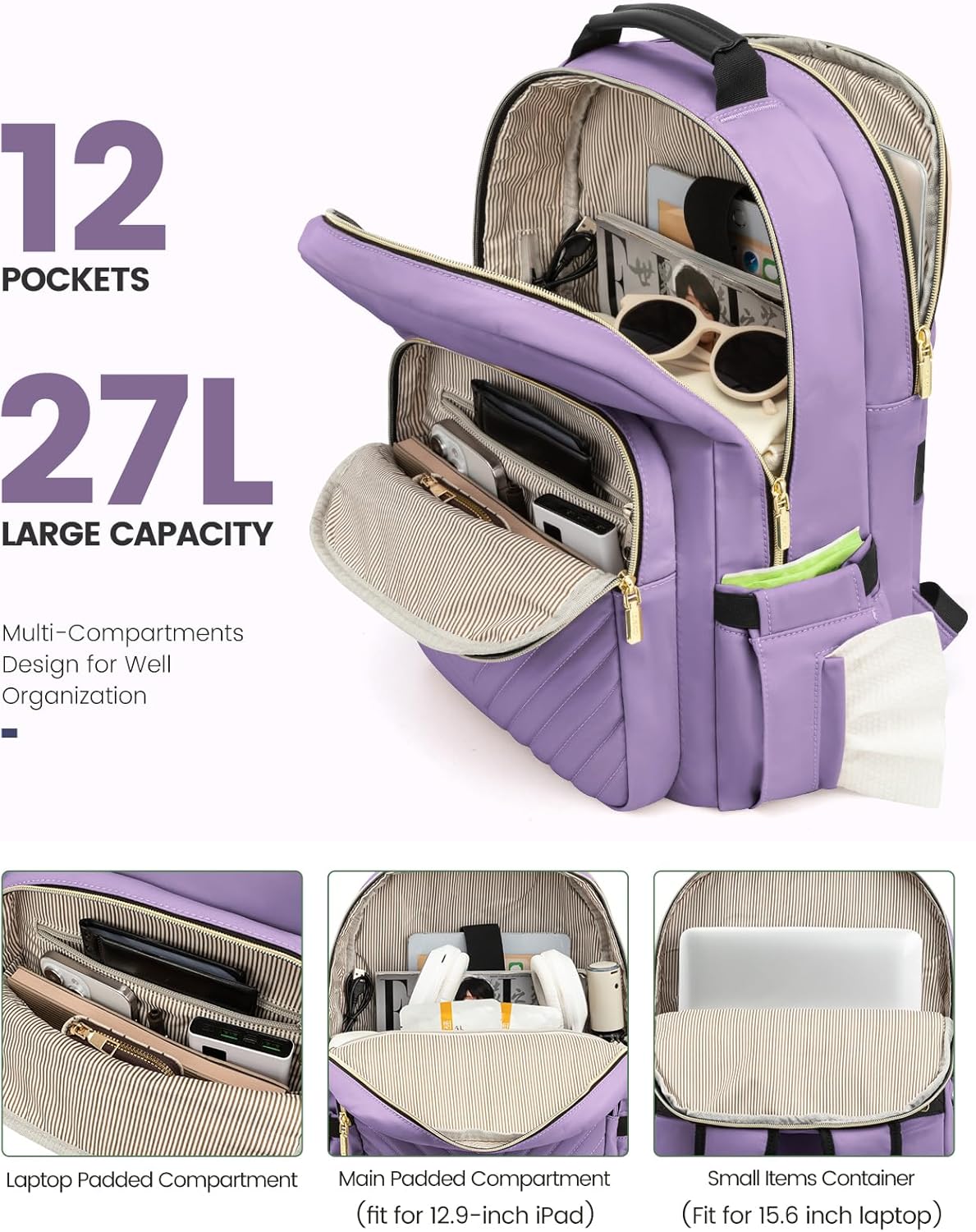 LOVEVOOK Laptop Backpack Purse for Women, Work Travel Computer Bags, College School Backpack for Student Girl, Quilted Casual Daypack with USB Port, Fit 15.6 Inch Laptop, Purple