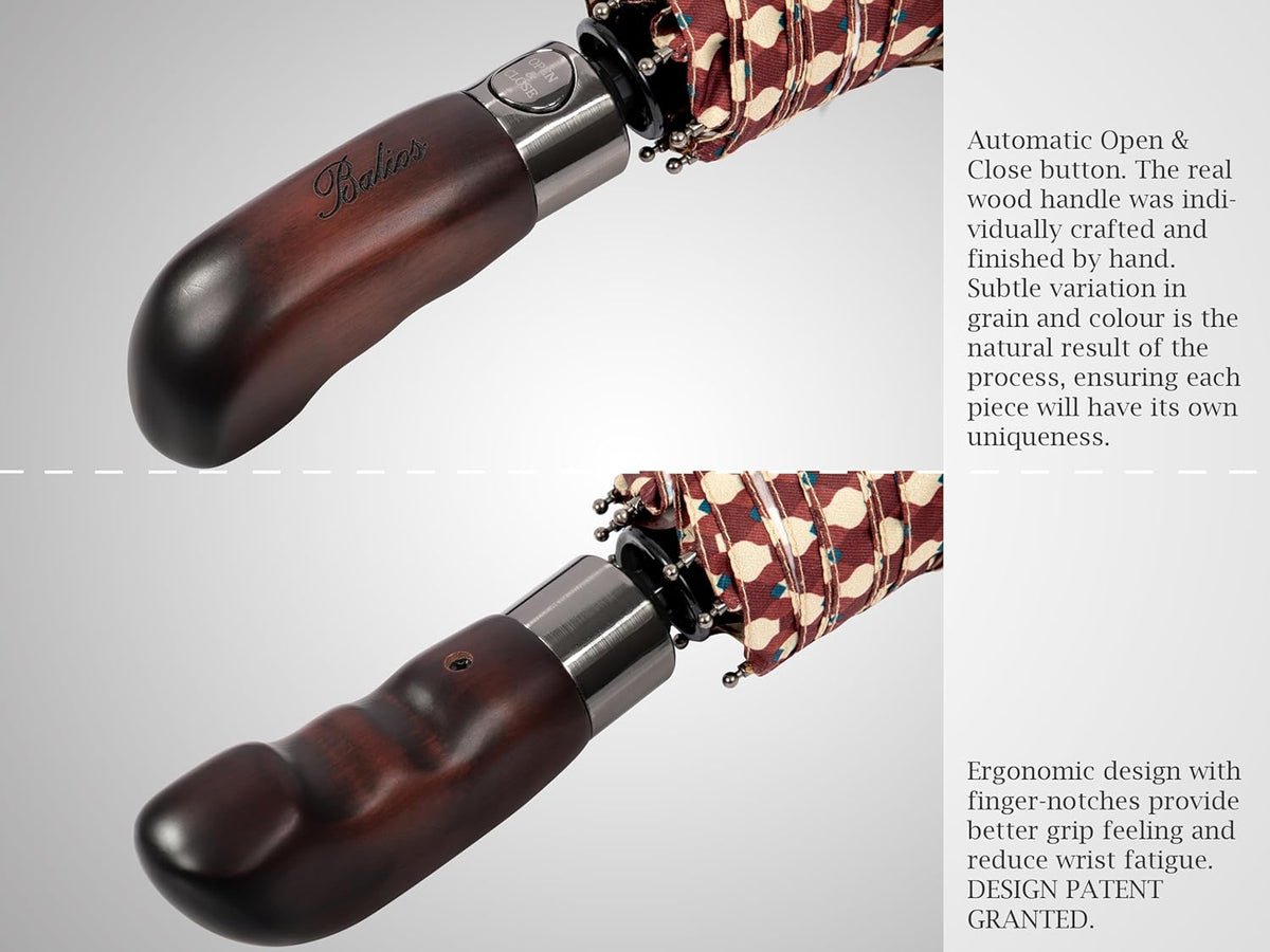 Balios Travel Folding Umbrella with Real Wood Handle Auto Open Close Vented Windproof Canopy - Designed in UK