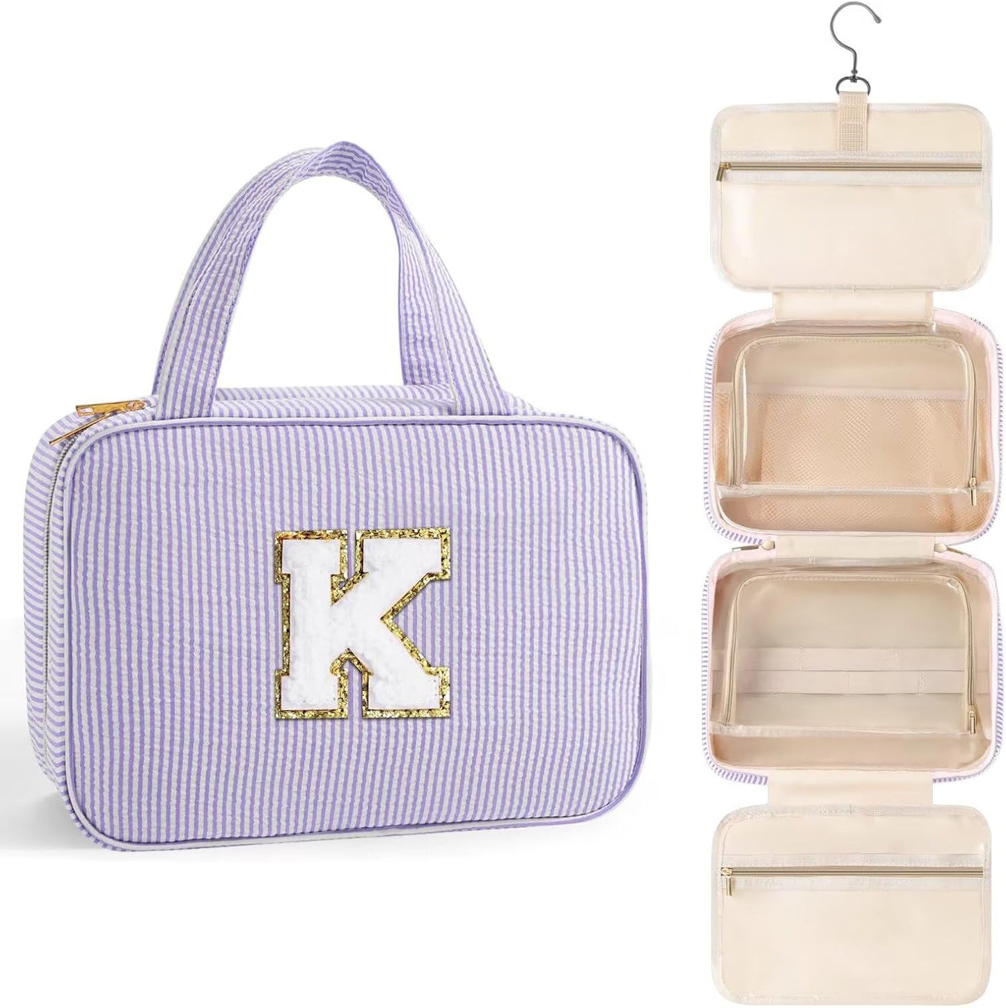 TOPEAST Hanging Travel Toiletry Bag for Women, Toiletries Travel Bag and Makeup Bag, Portable Travel Bag for Toiletries, Cruise Ship Travel Essentials - Letter K, Purple