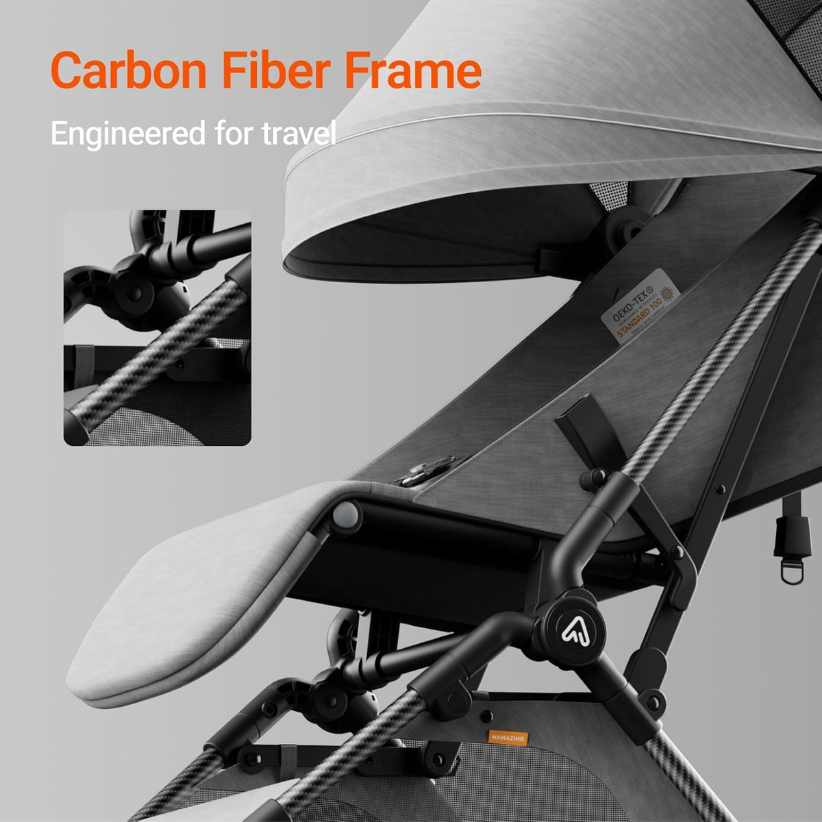 Lightweight Baby Travel Stroller with Carbon Fiber Frame, Compact & Airplane-Friendly, One-Handed Folding Design, 11.6 lbs, Perfect for Toddlers, Grey