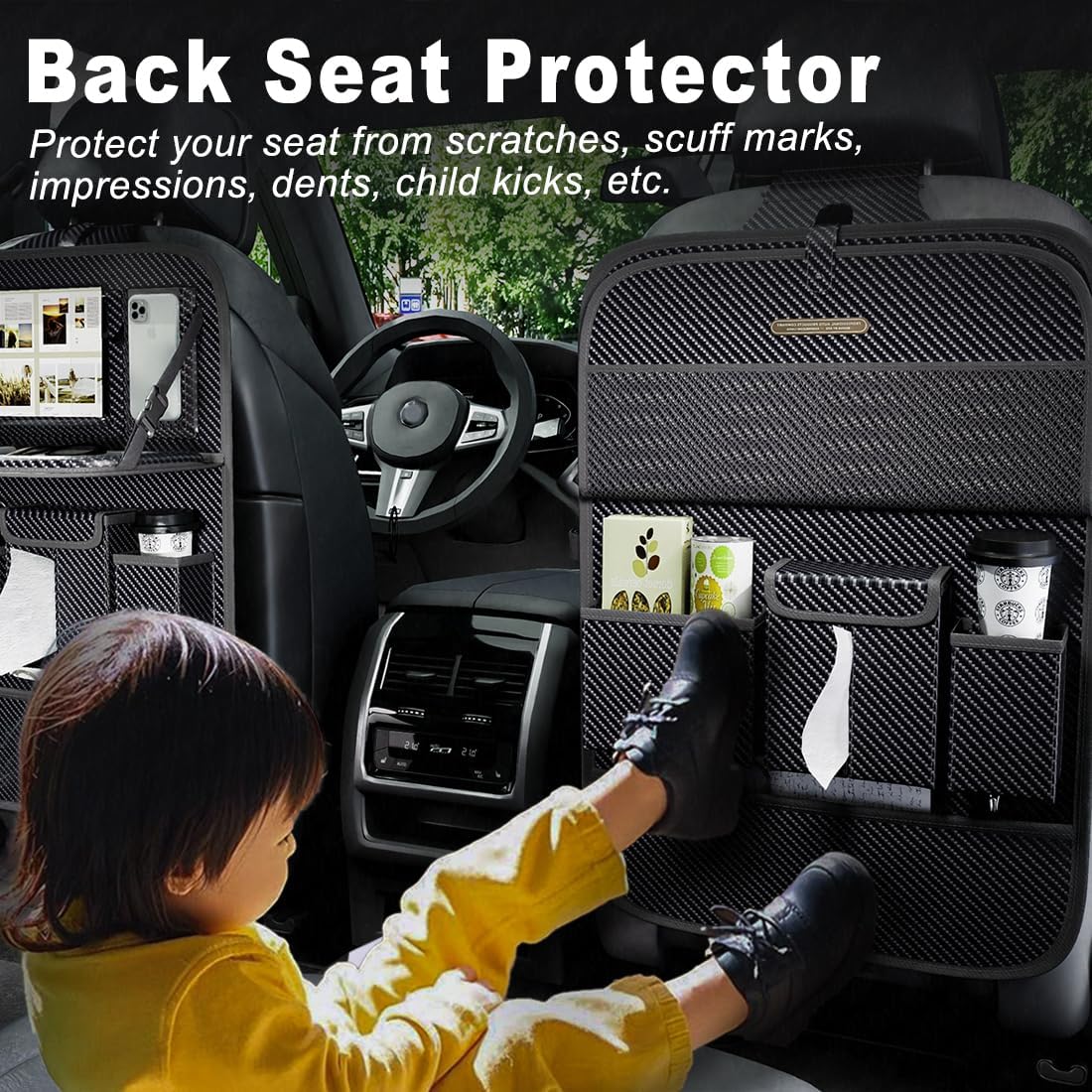 Car Seat Organizers,Multi-functional Back Seat Protectors, Storage Pouches, and Tray Holders (for Cars, Kids, Seat Back and Rear Seats) (Carbon Fiber, 1 Pcs)