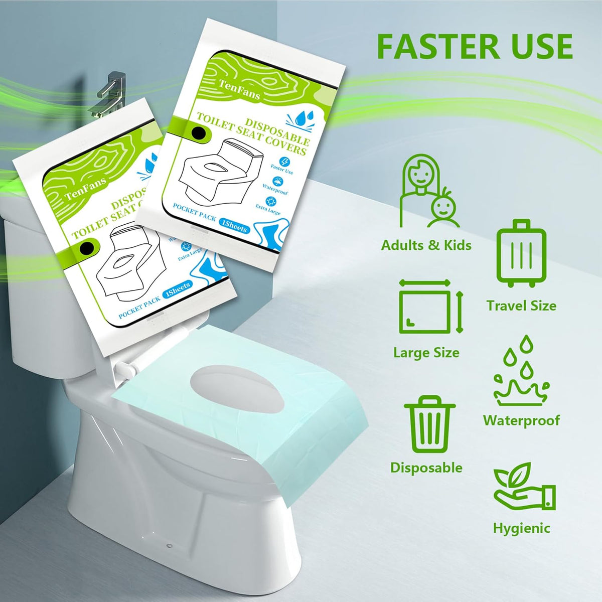 TenFans Toilet Seat Covers Disposable - 20 Count Individually Travel Pack - Sticker Free Faster Use - Waterproof XL Covers for Adults and Kids - Travel Accessories Public Restrooms, Camping, Airplane