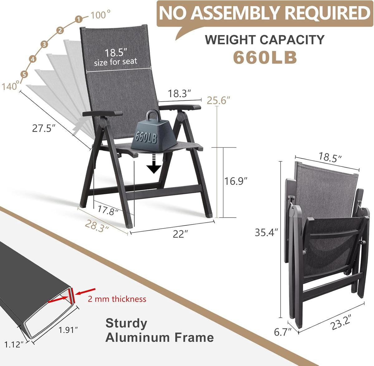 Folding Chair, Indoor & Outdoor Balcony, Patio Porch, Garden Lawn, Pool, for Comfortable Black Foldable Chairs, Portable Cozy Recliner, Metal Frame, Heavy Duty Durable