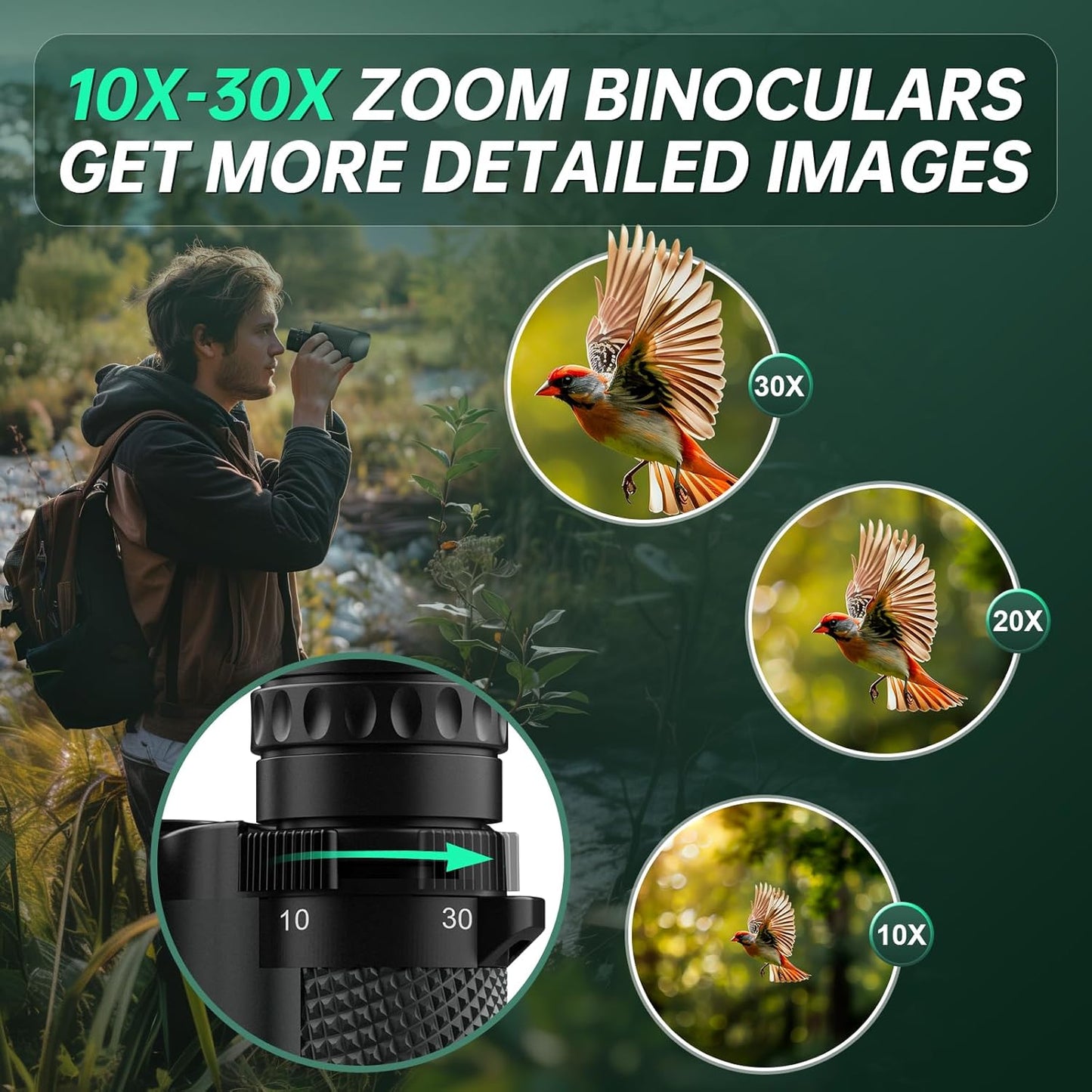 10-30x25 Compact Binoculars for Adults & Kids: Wozel Large Eyepiece Waterproof Binoculars with Easy Focus, Lightweight Binocular for Bird Watching, Outdoor Sports, Hunting, Travel
