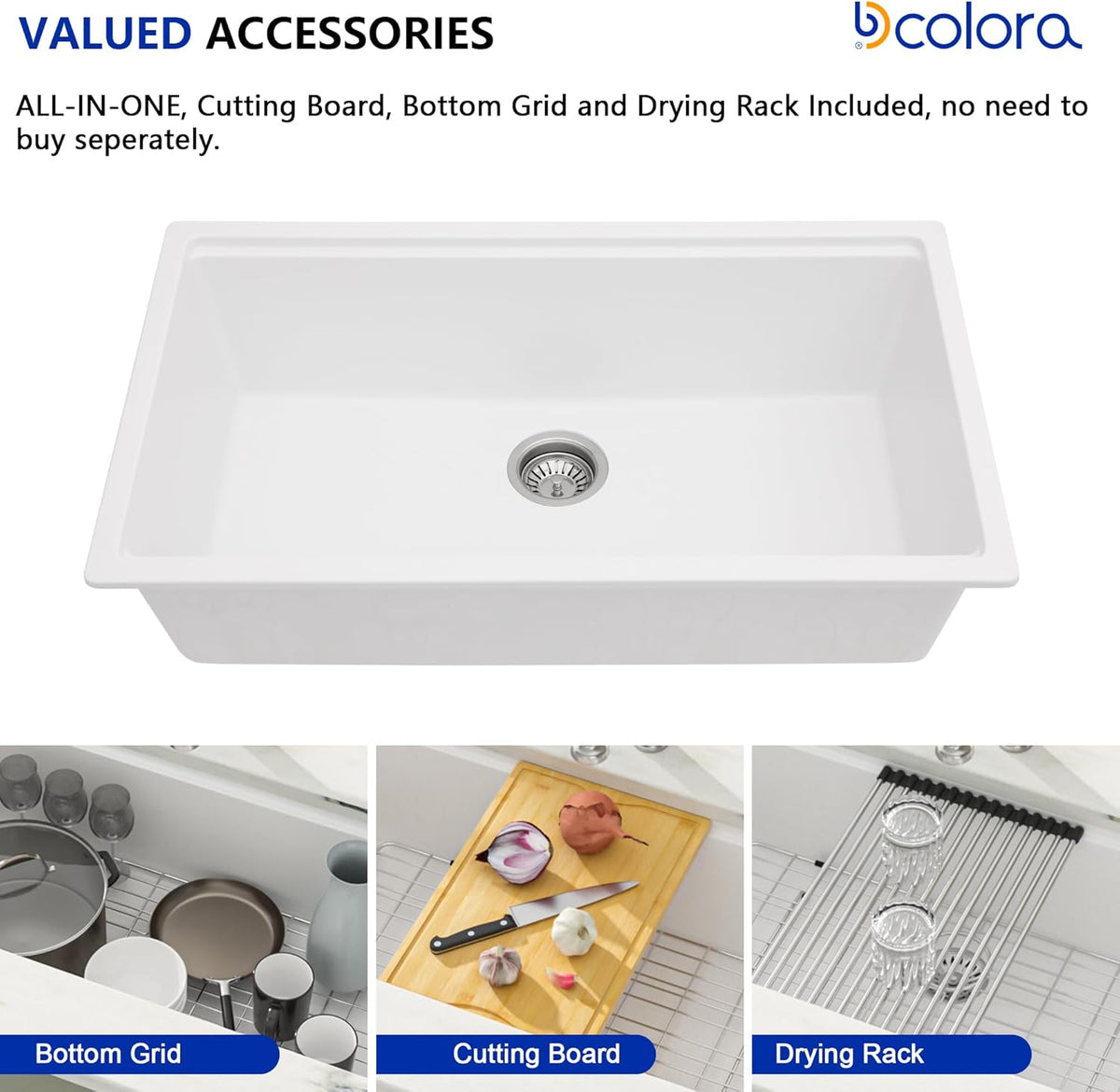 Dcolora 30 Inch White Kitchen Sink Granite Composite Workstation Undermount Quartz Single Bowl Kitchen Sink 30"W x 19"D x 10"H, DC-GU5521