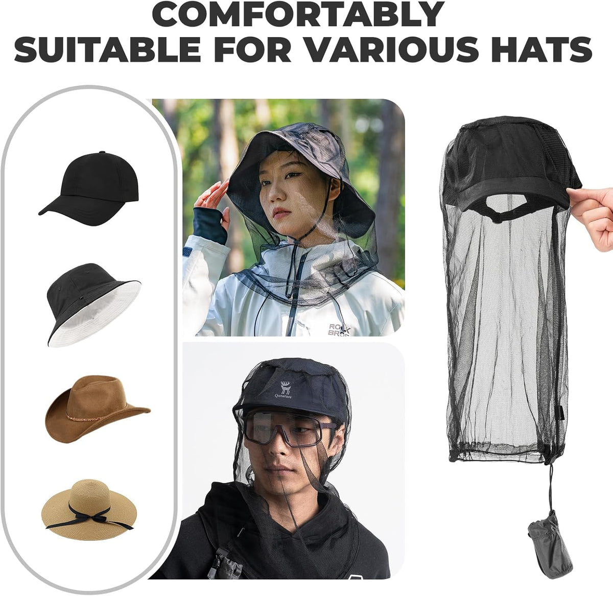 Mosquito Head Net for Insects, Bug Net for Head, Extra Fine Fly Screen Holes for Camping, Fishing,Hiking, Fits All Hats for Men Women