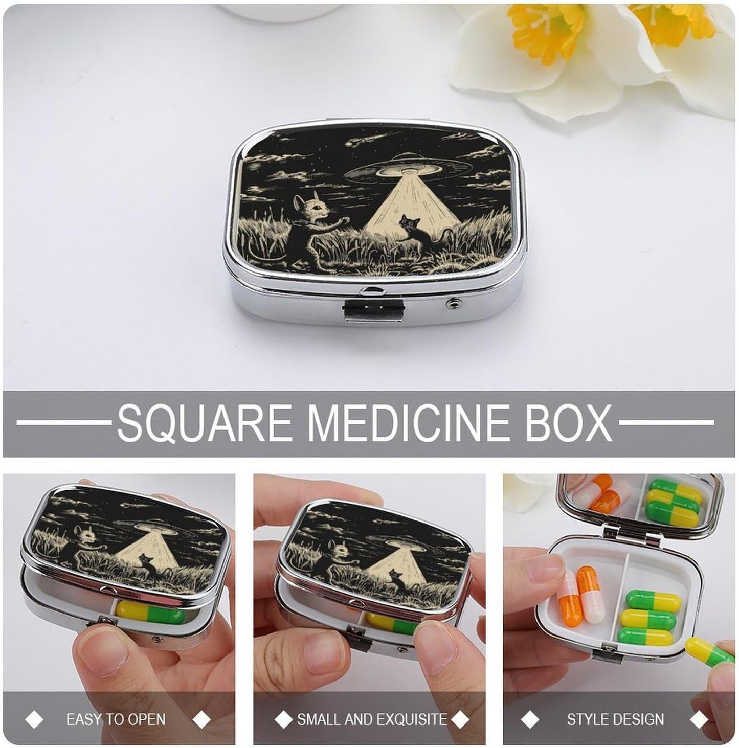 Metal 2 Compartment Pill Organizer Travel Friendly Portable Compact Pill Box Cute Pill Case to Hold Vitamins,Fish Oil,Supplements,Meds,Tablet for Purse,Pocket. (Cats and Spaceships)