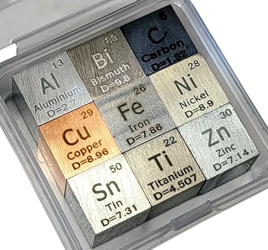 0.39" 10mm 9 Pack Element Cube Set Engraved Density Up to 99.99% Pure Metal Cubes Periodic Table Science Education Collection - Aluminium Bismuth Carbon Copper Iron Nickel Zinc Titanium Tin