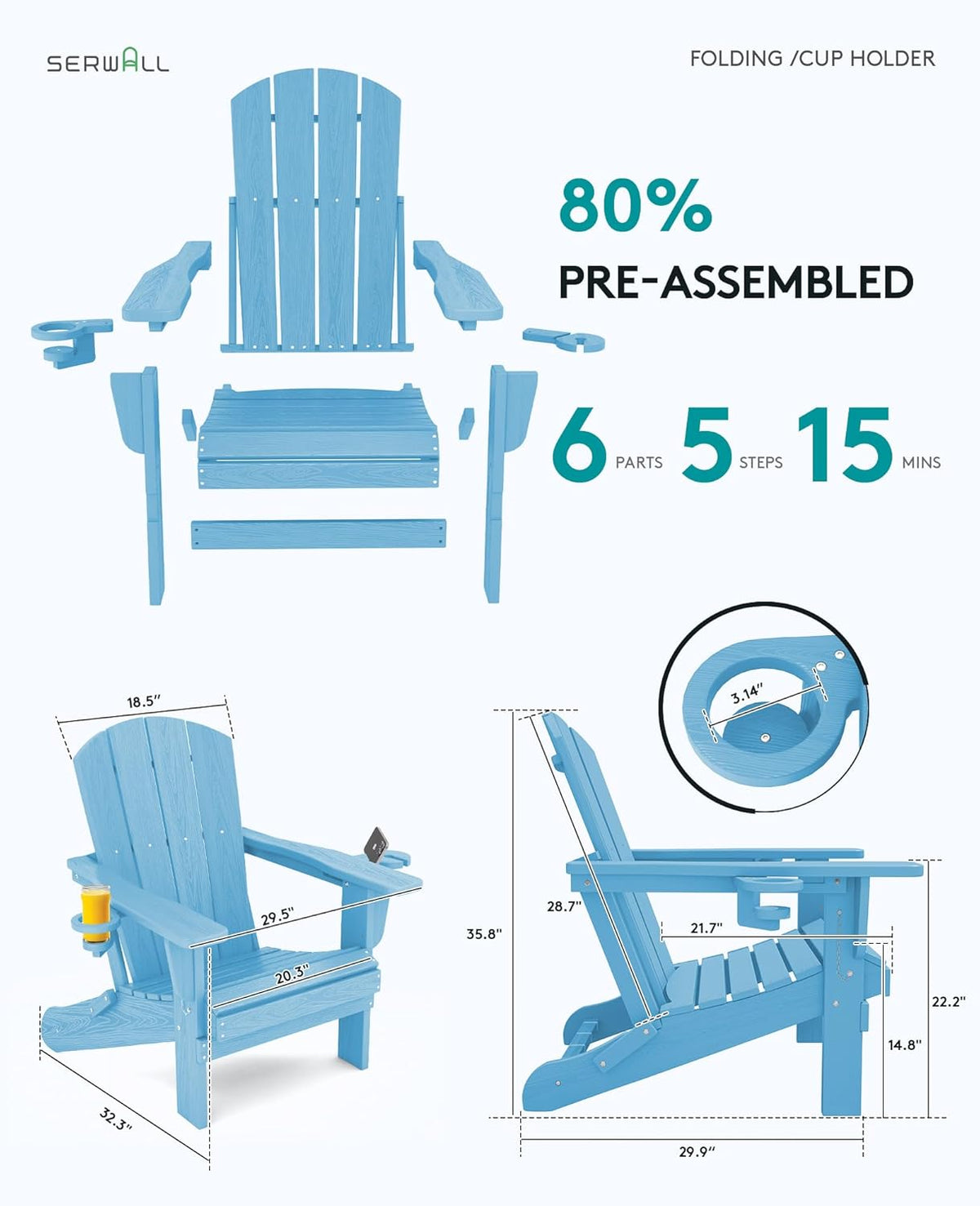 SERWALL Adirondack Chair with Cup Holders - Composite Adirondack Chairs Set of 6 HDPE Outdoor Chairs All Weather Use- Light Blue