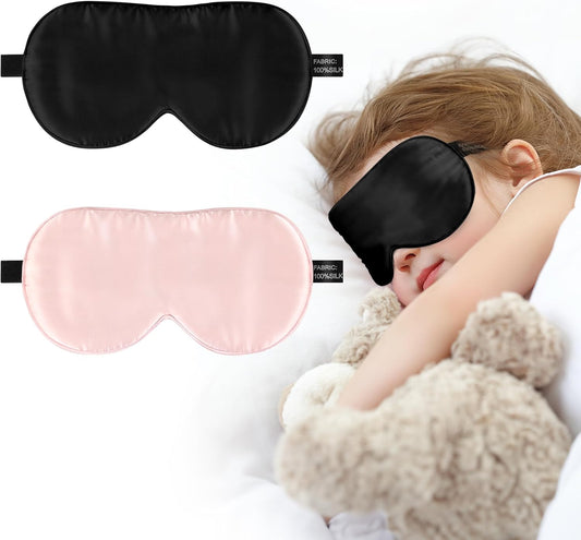 Silk Sleep Eye Mask for Kids, 100% Real Natural Pure Silk Sleeping Masks, Blindfold Sleep Eye Cover with Adjustable Strap, Soft & Lightweight Night Eyeshade for Boys Girls Teens (2 Pack)