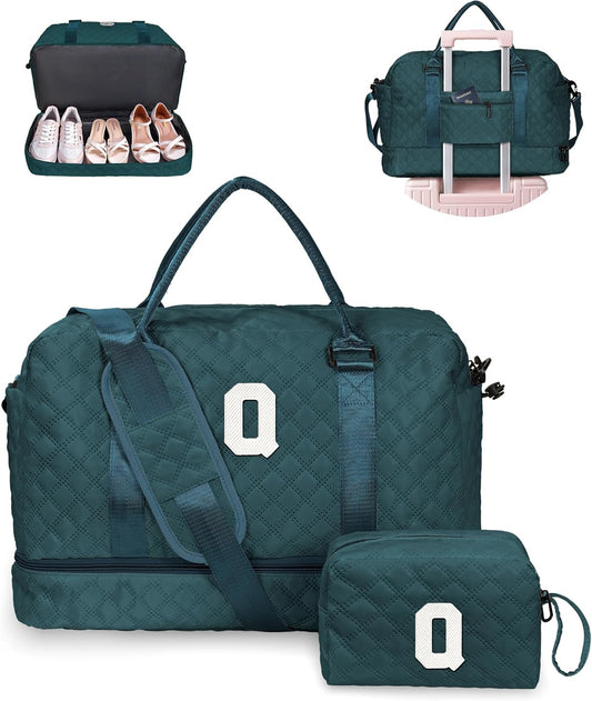 Womens Birthday Gift, Birthday Gift-Initial Travel Bag with Shoe Compartment, Personalized Weekender Bag, Monogram Overnight Bag for Women, Kids Duffel Bag with Makeup Bag (Letter Q)
